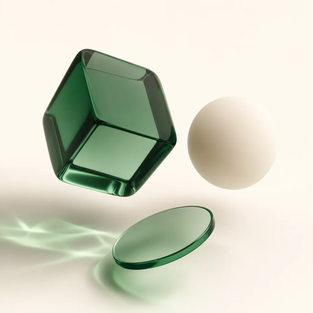 A green glass cube, a cream sphere, and a glass disc in soft studio light