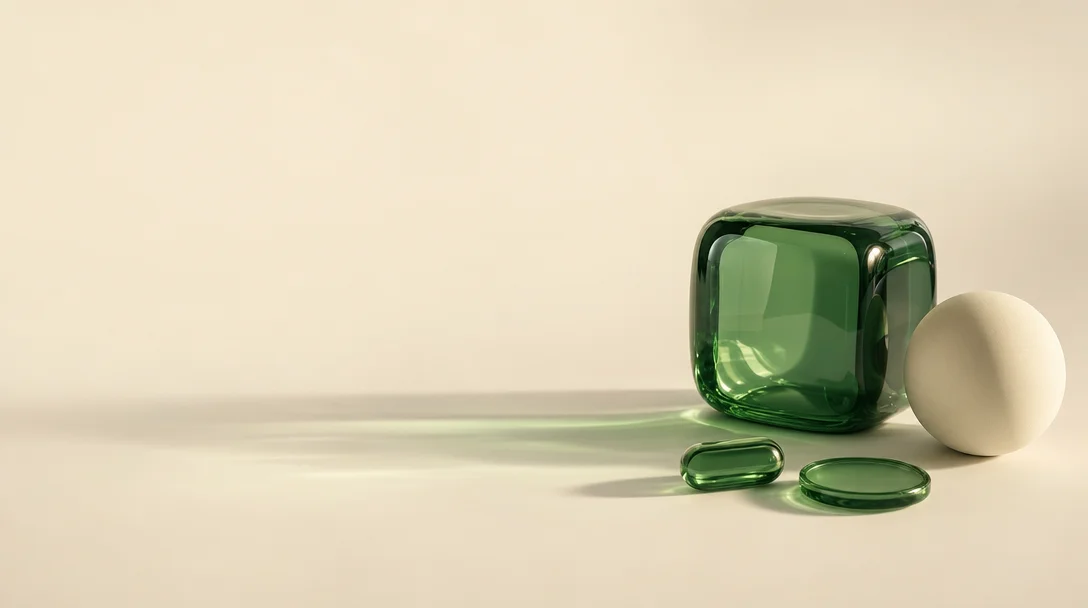 A green glass cube, two glass discs, and a cream sphere resting on a warm ivory field